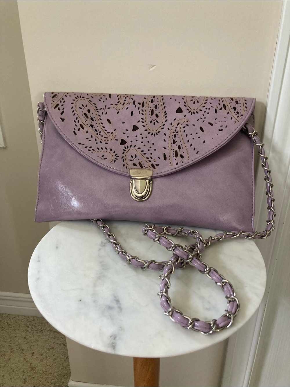 Purple (Faux?) Leather Bag with Whimsical Cut-Outs